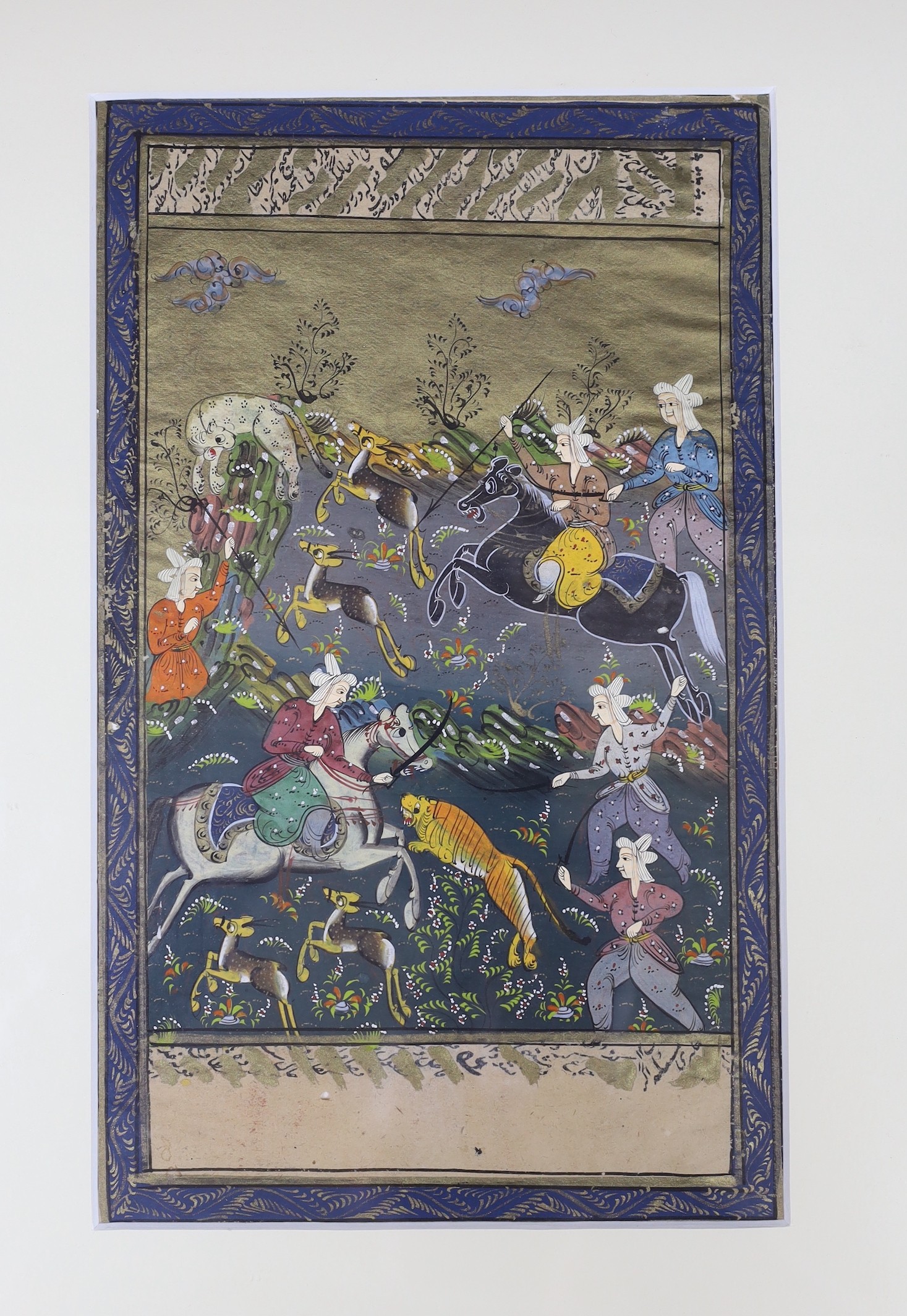 Persian School, five gouaches, Hunting scenes with inscriptions to the margins, 23 x 14cm